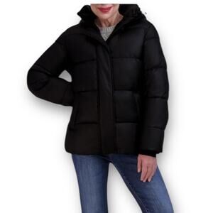 Women's Black Puffer Jacket with Hood - Lightweight Insulated Coat